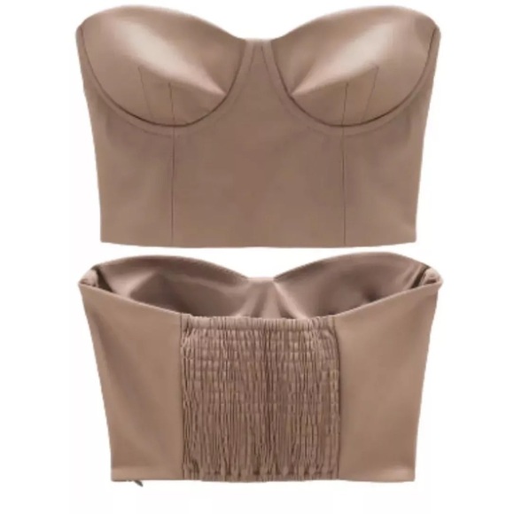 ZARA Faux Leather Crop Top Taupe Brown Sz Medium Club Summer - Picture 5 of 10